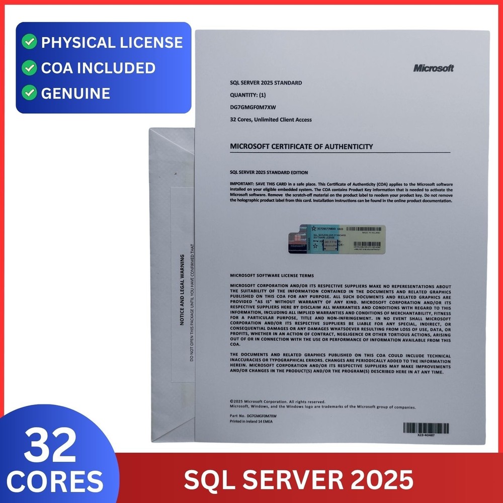 Microsoft SQL Server 2025 Standard 32 Core License COA Unlimited CALs | Physical