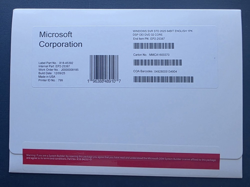 Microsoft Windows server 2025 Standard 64Bit 32 Core DVD+ Key (NEW)