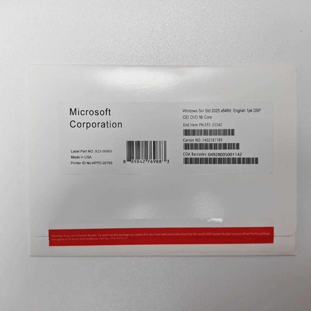 Microsoft Windows Server 2025 Standard DVD Kit Media With Key 16-Core 1PK