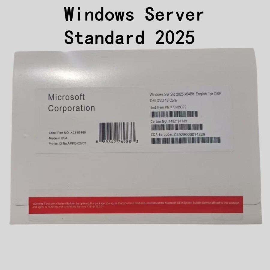 Microsoft Windows Server 2025 Standard 64-Bit 16 Core Product DVD With Key US