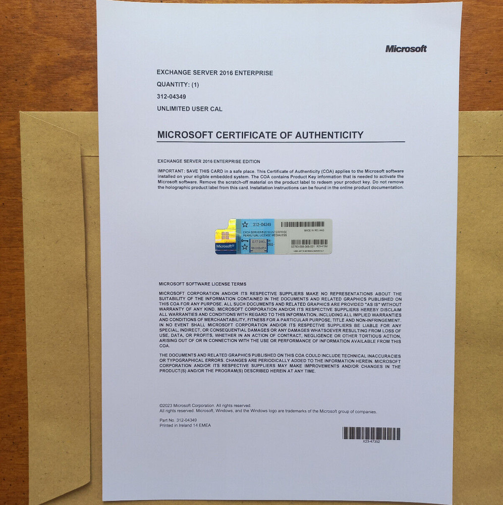 Microsoft Exchange Server 2016 Enterprise Retail Unlimited CAL CoA Authentic