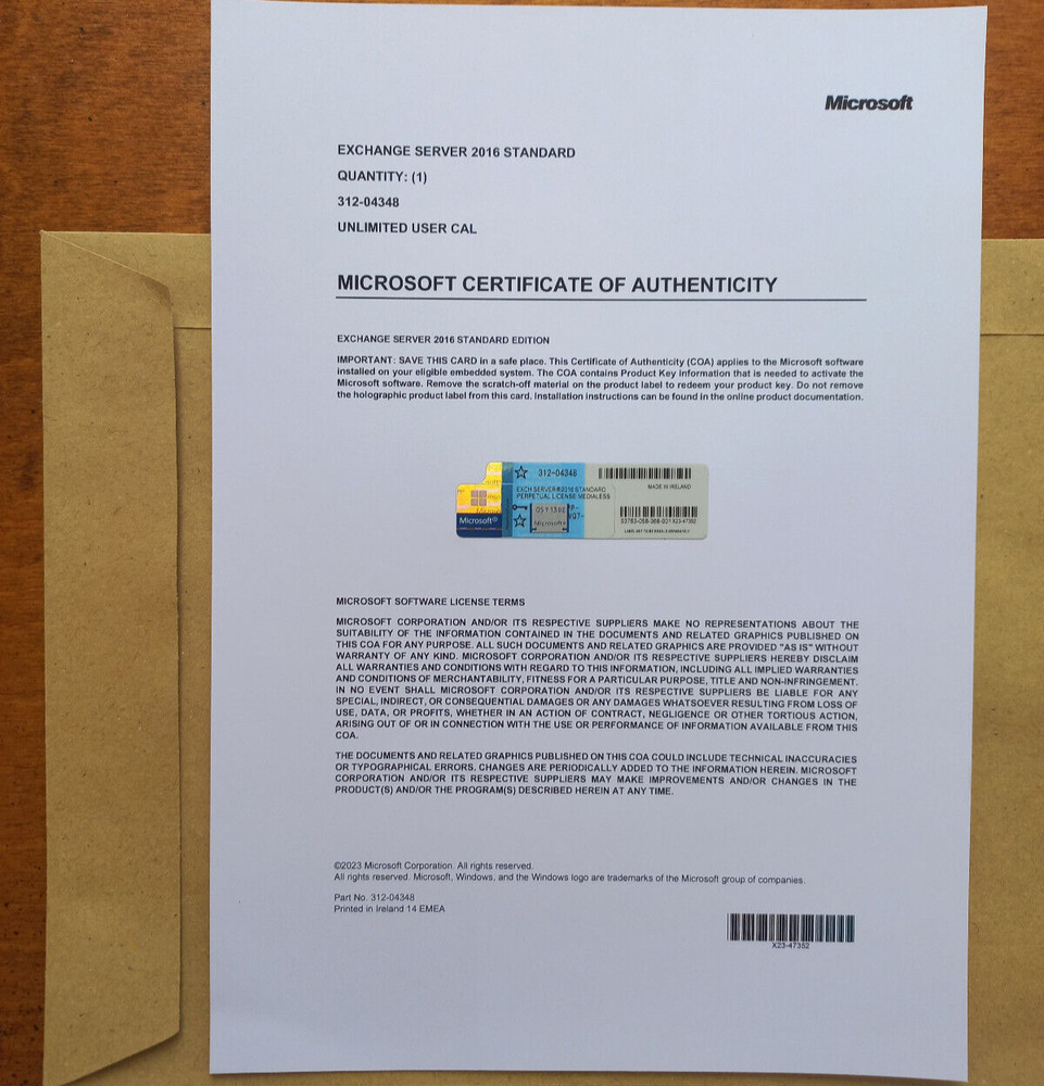 Microsoft Exchange Server 2016 STANDARD Retail Unlimited CAL CoA Authentic