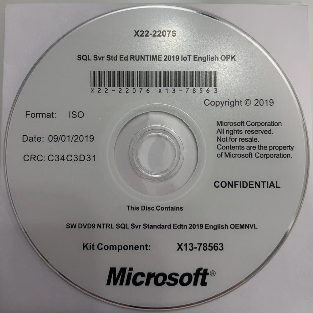 Microsoft SQL Server 2019 Standard IoT OEM w/ COA Key + Install Disc (OPK)
