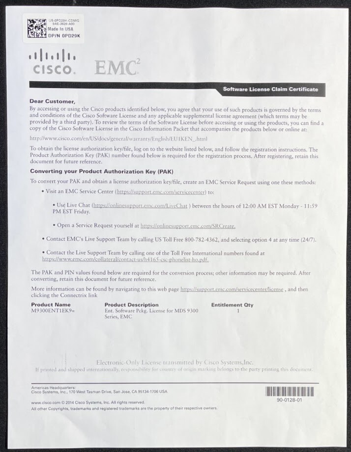 Cisco Ent. Software License for MDS9300 Series Switch / M9300ENT1EK9 / PD29K
