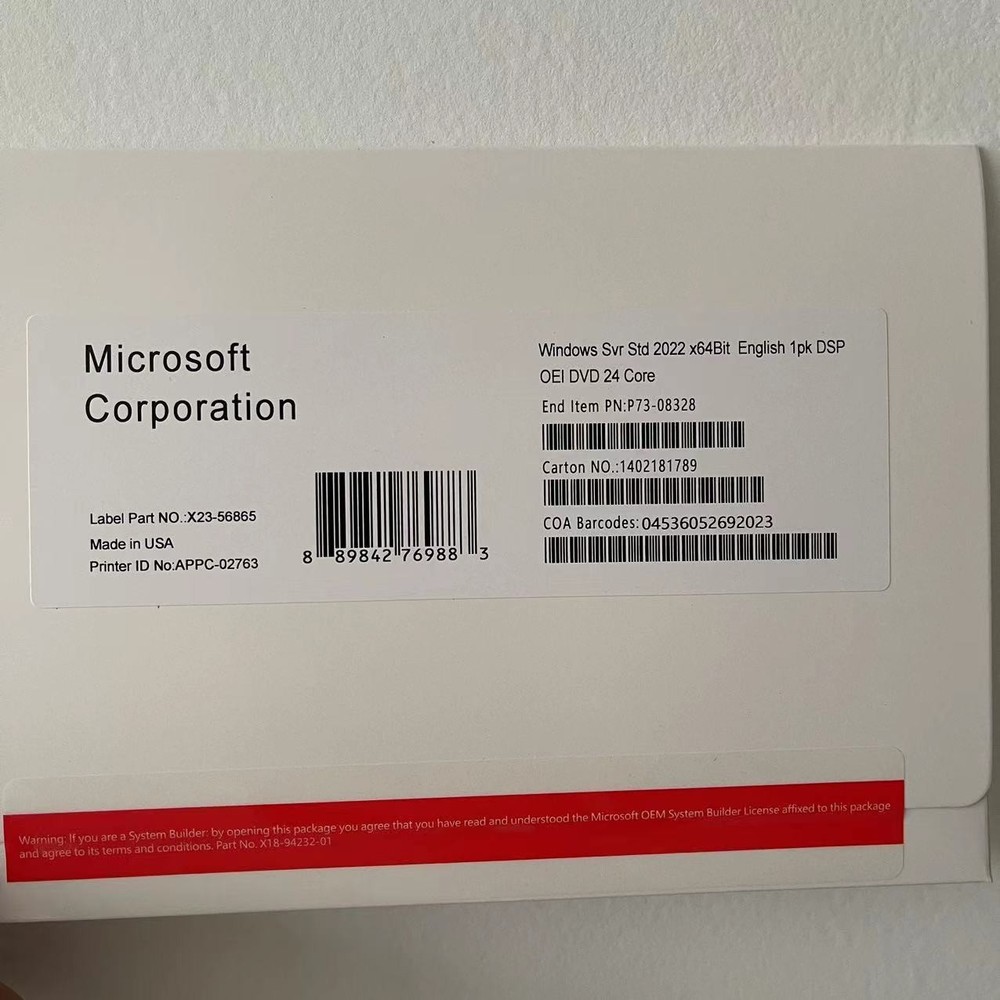 New Microsoft Windows Server 2022 Standard 64-bit License & DVD 24 Core